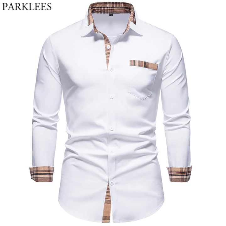 PARKLEES 2023 Autumn Plaid Patchwork Formal Shirts for Men Slim Long Sleeve White Button Up Shirt Dress Business Office Camisas
