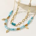 YACHAN Boho Blue Acrylic Bead Layered Necklace for Women Vintage Charms Stainless Steel Jewelry. 
