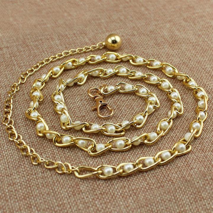 Cute Metal Adjustable Thin Ladies Waist Pearl Chain Belt For Decorative Cloth