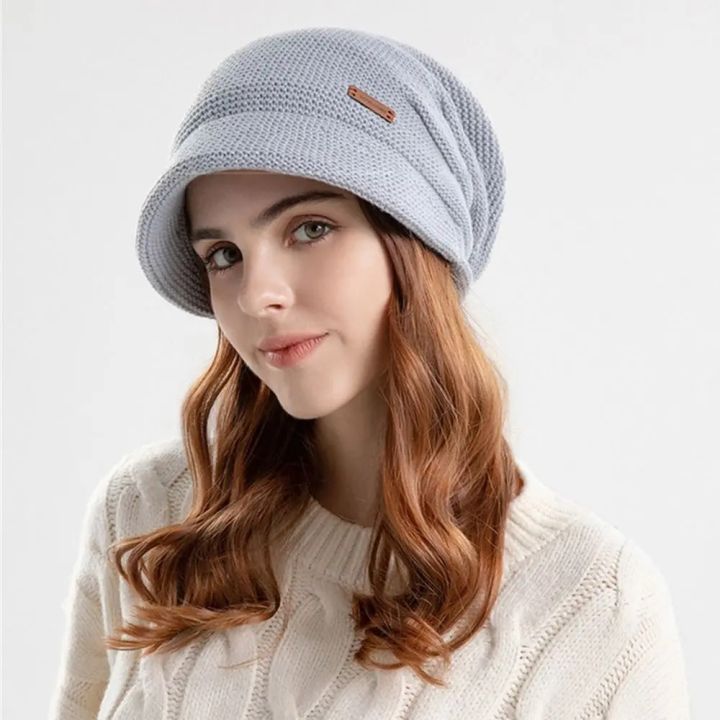 Autumn%20Winter%20Soft%20Plush%20Knitted%20Hat%20Women%20Girl%20Warm%20Thickened%20Fleece%20Lined%20Beanies%20Short%20Brim%20Casual%20Outdoor%20Windproof%20Bonnet%20-%20Image%202