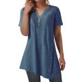 Ladies Button Design Short Sleeve Tops Blouse Irregular Ladies' Blouses.