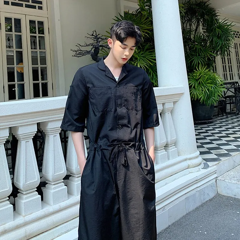 loose Trendy men's suit slim high waist Japanese Jumpsuit retro