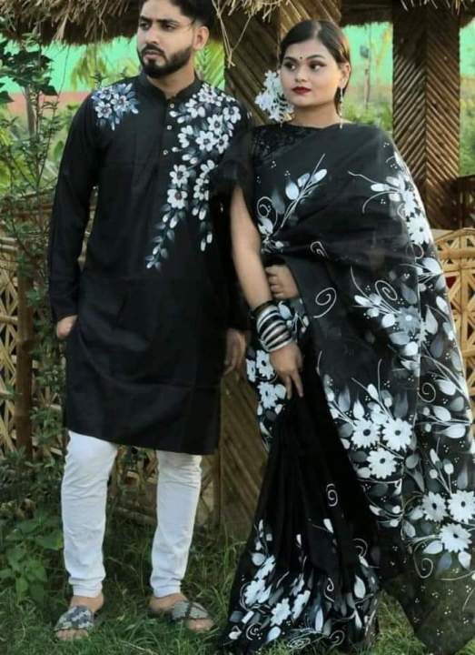 New Exclusive Designer Best Quality & Fashionable Half Silk Hand Print Sari And Dhupian Panjabi Combo Couple set for Man & Women
