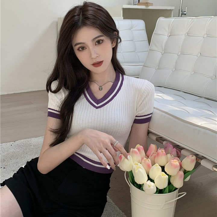 Women%20Cropped%20T%20Shirt%20Retro%20Knitted%20V-neck%20Pullover%20Tops%20Short-sleeved%20High-waisted%20Slim%20Fit%20Shirt%20-%20Image%209