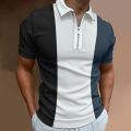 Men's Solid Color Striped Polo Shirt Short Sleeve Golf Turn-down Collar Zipper Polo Shirt for Men Casual Streetwear Summer Tops. 