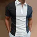 Men's Solid Color Striped Polo Shirt Short Sleeve Golf Turn-down Collar Zipper Polo Shirt for Men Casual Streetwear Summer Tops. 