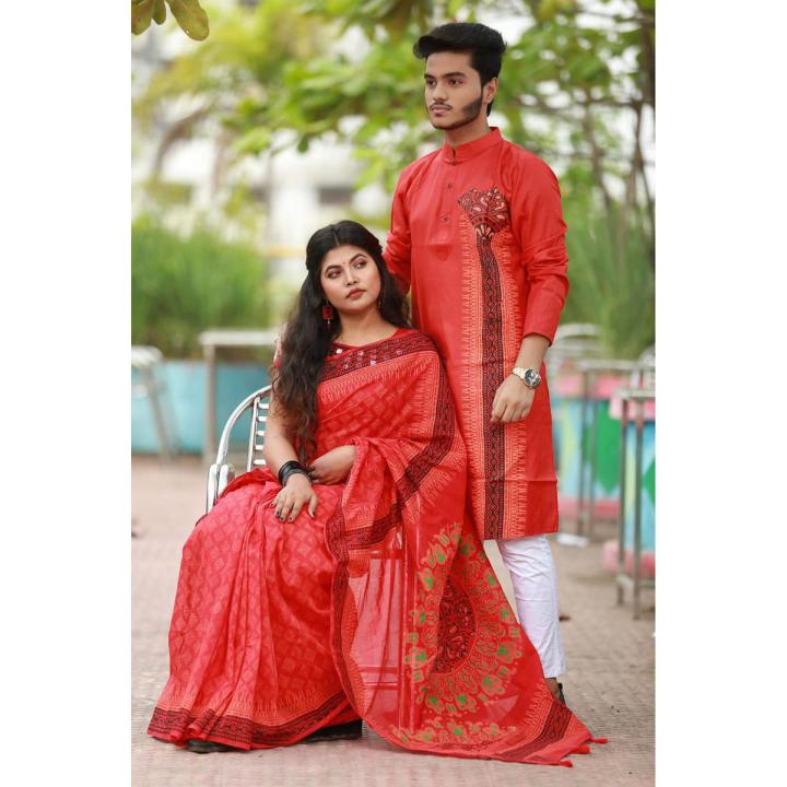 Understated -New Exclusive Design Red Block Print Half Silk Saree
