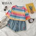 IELGY Ins rainbow striped short-sleeved T-shirt female. 