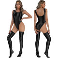 Women's Swimsuit High Cut Sleeveless Leotard Bodysuit with Thigh High Stockings Female Glossy Backless Beachwear Swimwear.