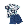 Boy's Lovely Two-piece Suit, Short Sleeve Cartoon Printed Shirt Top with Short Solid Pants for Spring, Summer and Autumn.