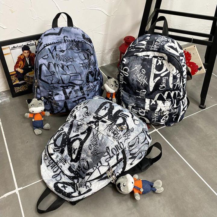 Schoolbag Men's Trendy Korean Style Printed Graffiti High School Student Large Capacity Domineering Backpack Junior High School Student College Female Backpack
