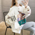 Autumn Winter Plus Velvet Casual Women Sweatshirt Harajuku Print Cartoon Big Bad Wolf Lady Clothes Lettersthin Pullover Female.