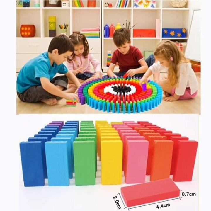 100 pcs Wooden Dominos Blocks Set, Kids Game Educational Play Toy ...
