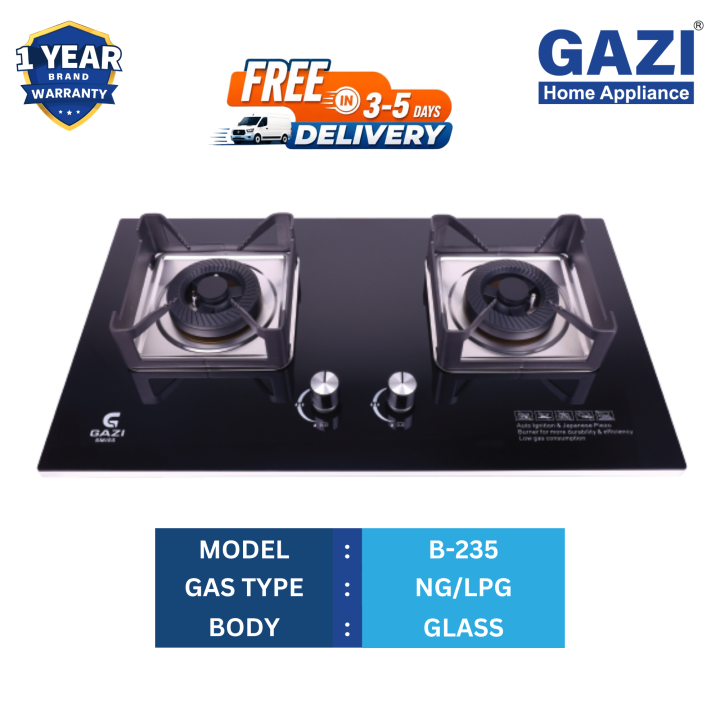 Gazi Smiss Tempered Glasss Gas Stove High quality Auto Double Burner B-235 LPG /NG Gas Useable.