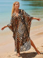 Summer Tiger Striped Print Bat Sleeves Side Split Beach Dress Plus Size Kaftan Swimsuit Bikini Cover-ups Women Beach Wear House Foocus. 