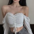Women Long Sleeve Square Neck Shirt Drawstring Off Shoulder Blouse Crop Top.
