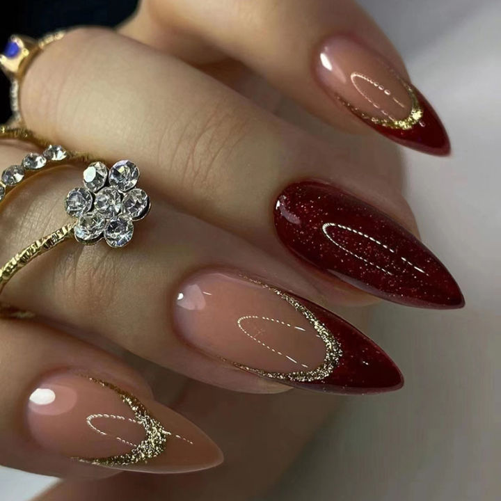 Glitter, burgundy, new year, bridal nail art, glitter, almond nail, European and American sweet, wearable nail art
