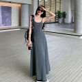 Spaghetti Strap Dresses Women Retro Slim Simple Daily A-line Maxi Dress.