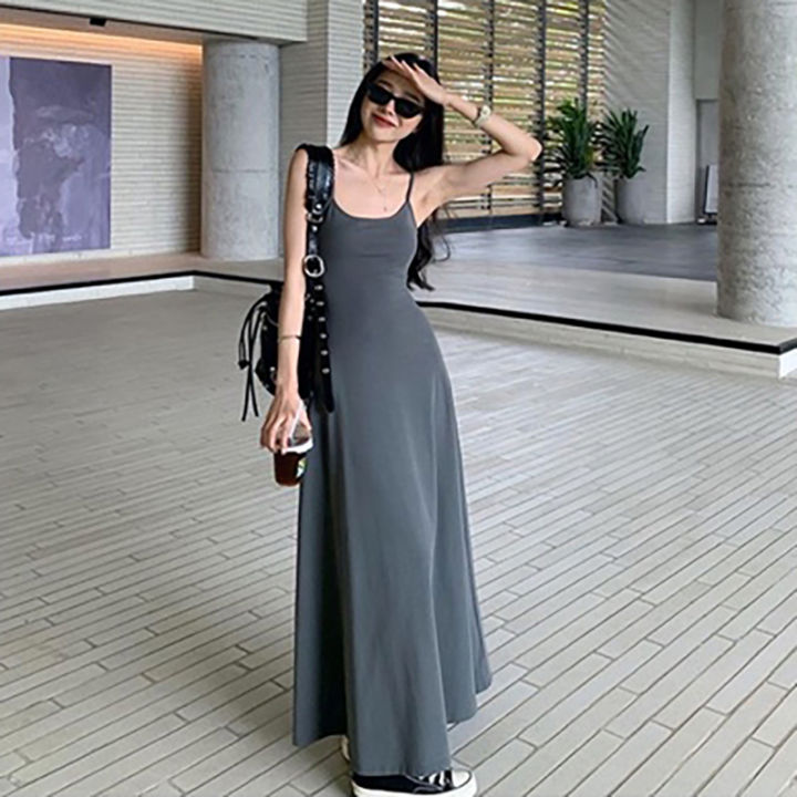 Spaghetti Strap Dresses Women Retro Slim Simple Daily A-line Maxi Dress