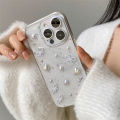 3D Pearl Bow Silver Foil Epoxy Phone Case For iPhone 15 14 13 12 11 Pro Max XS Max XR X 7 8 Plus Cute Clear Soft Silicone Cover.