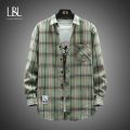 Men Harajuku Plaid Shirt Cotton Casual Korean Shirts Male Long Sleeve Casual Blouses Tops Spring Autumn Loose Checkboard Outwear.