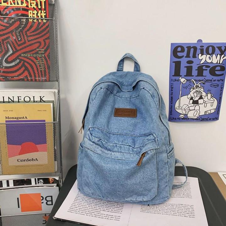 Women's Washed Denim Backpack Japanese StyleinsWind Street Fashion Simple and All-Matching College Students Bag Travel Backpack
