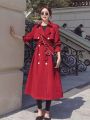 Women's 2024 Spring New High-end Christmas Red Loose Long Coat Windbreaker Thick Warm Lace-up Coat Outwear Female Fashion Jacket. 