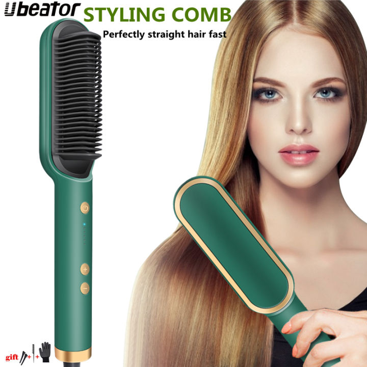 Ubeator -2-in-1 Hot-Air Hair Styling Comb Hair Straightener Hair Modelling Brush-641-Green