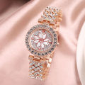 Fashionable Flower Design Stone Quartz Watch & Bracelet For Women 2Pcs Set. 