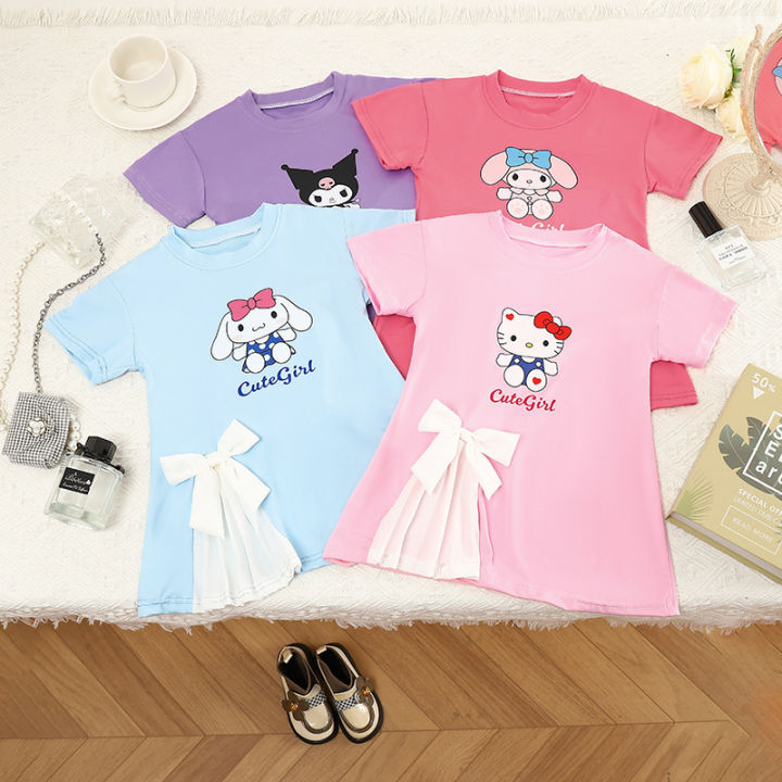 New 2024 Summer Girl Cartoon Cute Short sleeved Children's Kuromi Princess Bow Dress