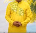 Semi-Long Men's Cotton Yellow Panjabi - Comfortable and Suitable for All Seasons and Occasions. 