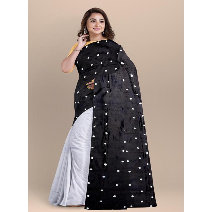 Trendy and Fashionable 21 February Special White & Black Combnation 12 Hand Half Silk Saree For Women - Sari | শাড়ি | shari