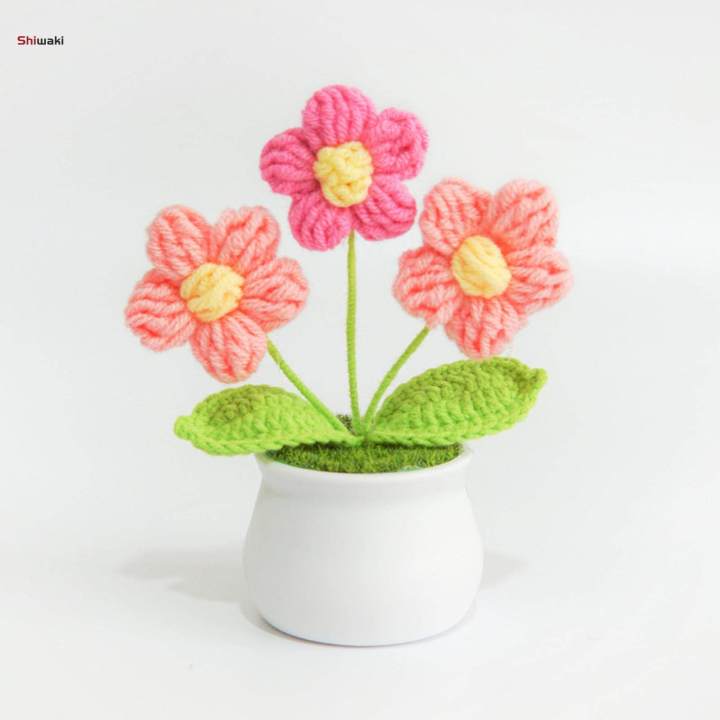 Hand Woven Flowers Fake Plants Knitted Flower Potted for Home Desk Desktop