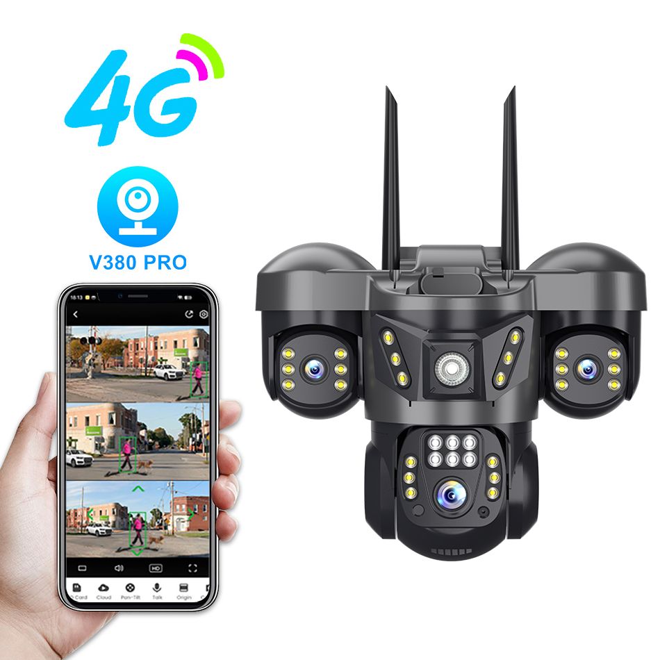 V380 PRO 3 Lens SC29 4G SIM SUPPORT IP Camera 6MP SC29 Outdoor Waterproof 360 Degree Wide Angle Auto Tracking Color Night Vision Two Way Audio PTZ CCTV Camera