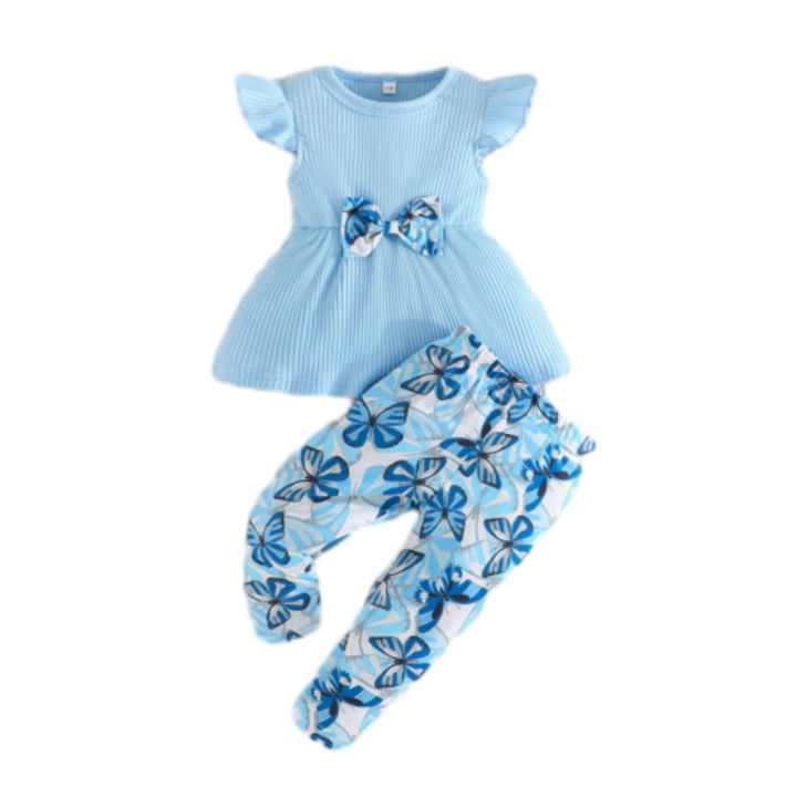 GC Toddler Girls Clothes Outfit Cotton Pit Strip Flutter Sleeve Top Butterfly Print Pants 2 Piece Outfits