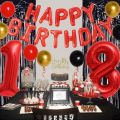 Red and Black 18th Birthday Party Decorations with Number 18 Foil Balloon Cake Topper and Curtain for Boys Girls 18th Birthday.