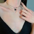 Y2K Sweet Cool Style Black Love Heart Pendant Necklace for Women Star Inlaid Rhinestone Clavicle Chain Asymmetric Necklace for Women Teen Girls Gift.