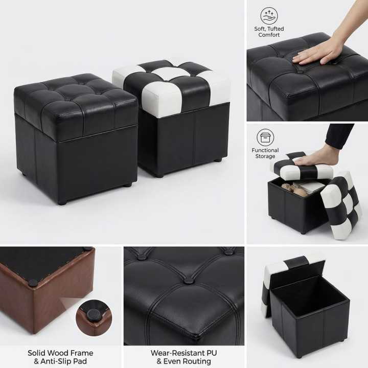 Foldable Storage Ottoman Cube Stool Set – Tufted PU Leather Footrest with Hidden Storage (Black & White / Black) for Stylish, Functional & Space-Saving Home Decor