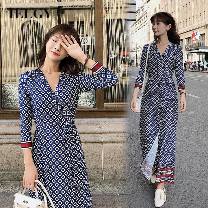 IELGY Temperament Body Print V neck Korean version Tie Retro dresses for women Waist Fashion Daraz .bd