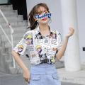 90 Short Sleeve Japanese Style Anime Print Shirt Women Couple Loose-Fitting Versatile Outerwear Women's Shirt Thin Blouse. 