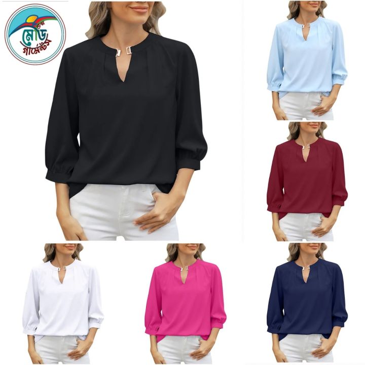 Female cloths Tops for Women Trendy Casual Basic T Shirts Light weight 34 Sleeve Solid V Neck Tees Blouses Clearance Sales