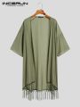 Fashion Men Shirt Tassel Open Stitch Short Sleeve Streetwear Long Style Cardigan 2023 Solid Color Casual Outerwear 5XL INCERUN.