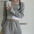 Long Sleeve T-shirts Womens Two Piece Cropped Tops Streetwear Slim Daily Korean Style Ulzzang Chic Tees Female Design Hot.