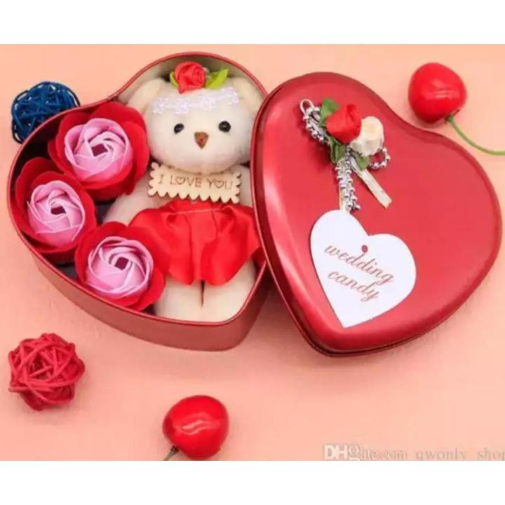 Love Gift -Heart Shape Gift Box (Flowers With Soft Teddy) - 11cm*11.8cm