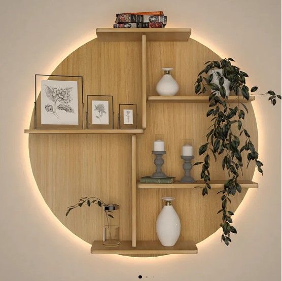 Circle Shape Backlit Designer Wooden Wall Shelf / Book Shelf / Night Light, Modern Wall Mounted Shelf Decorative Display Shelf for Bathroom, Kitchen, Bedroom, Living Room, Office, Oak Finish,24/24