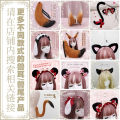 A hair with fox ears and cat ears facing forward, Lolita headdress, and a hand-made animal ear hairpin. 