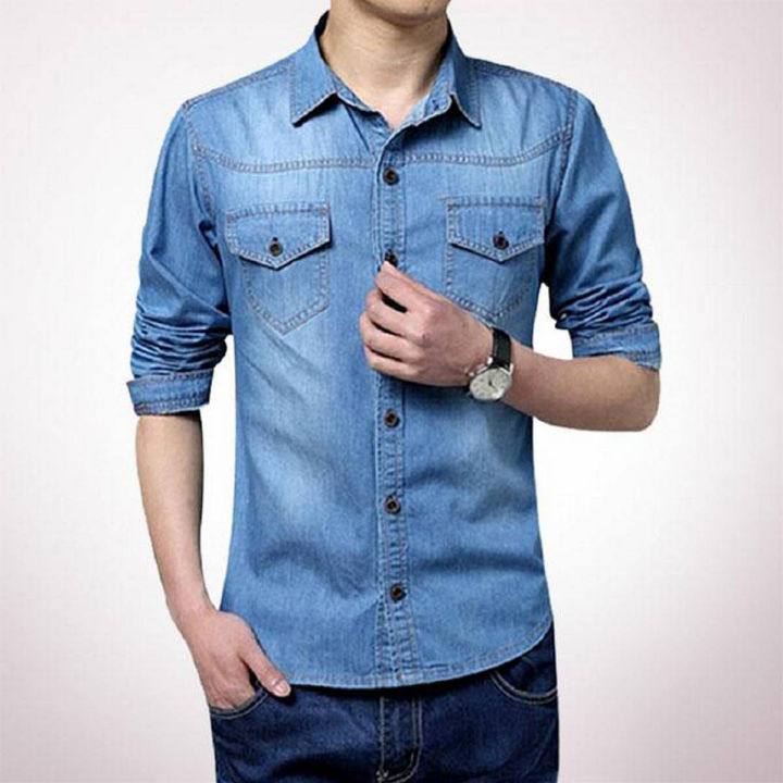 Sky Blue Denim Long Sleeve Casual Shirt for Men