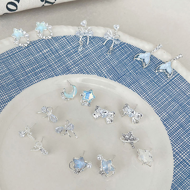 【Trending Now】 1Pair Korean Style Blue Zircon Star Moon Stud Earrings For Women Exquisite Sweet Cute Temperament Earrings Wedding Jewelry Runrui