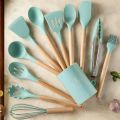 "12-Piece Silicone Kitchen Utensils Set – Multicolor with Wooden Handles – Non-Stick Spatula, Shovel, Spoon – Perfect for Cooking and Serving – Includes Storage Bucket".