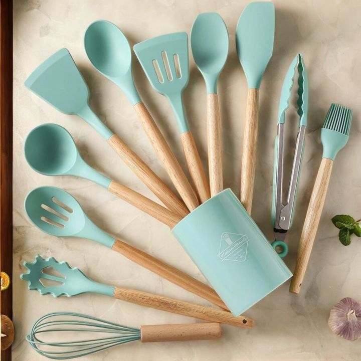 "12-Piece%20Silicone%20Kitchen%20Utensils%20Set%20%E2%80%93%20Multicolor%20with%20Wooden%20Handles%20%E2%80%93%20Non-Stick%20Spatula,%20Shovel,%20Spoon%20%E2%80%93%20Perfect%20for%20Cooking%20and%20Serving%20%E2%80%93%20Includes%20Storage%20Bucket"%20-%20Image%202